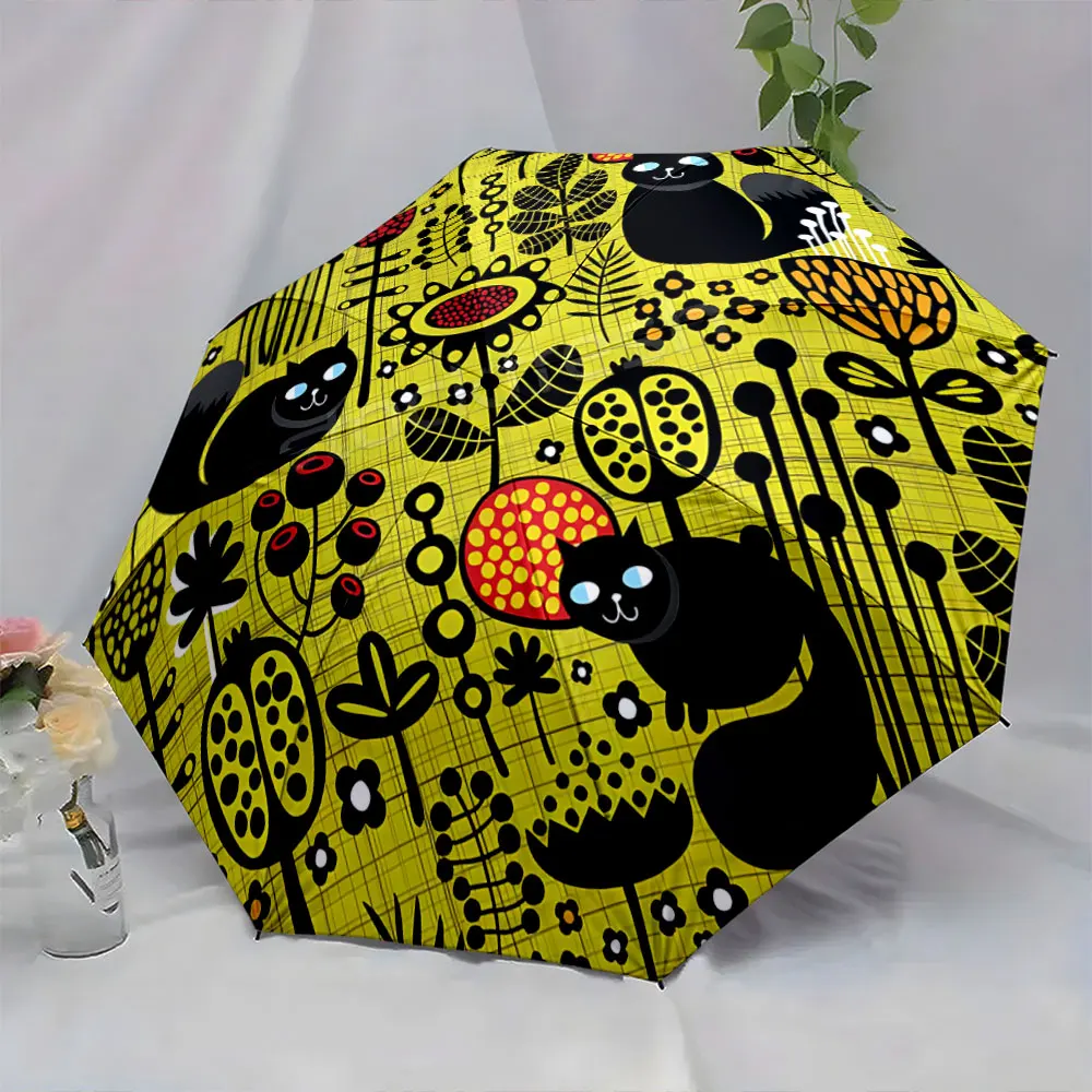 1PC Playful Black Cat and Vibrant Floral Umbrella Design Print 8 Iron Ribs Folding Umbrella Auto-Open Fashion Sunshade