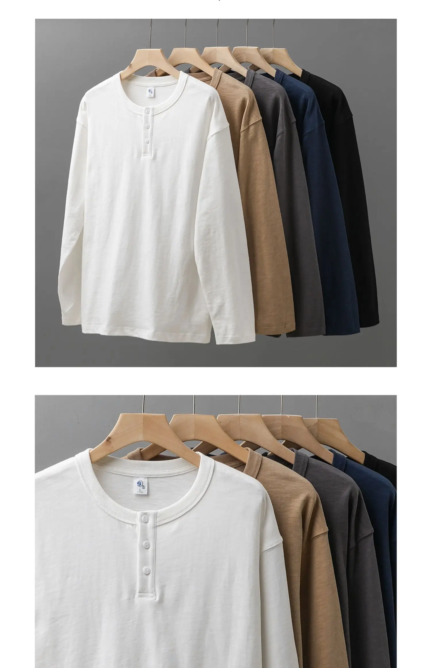 Dukeen 320G schweres T-Shirt aus 100 % Baumwolle mit Henley-Ausschnitt für Herren, langärmelig, Frühling und Herbst, lässige Oberteile, einfarbige Unterhemden – Detail 4