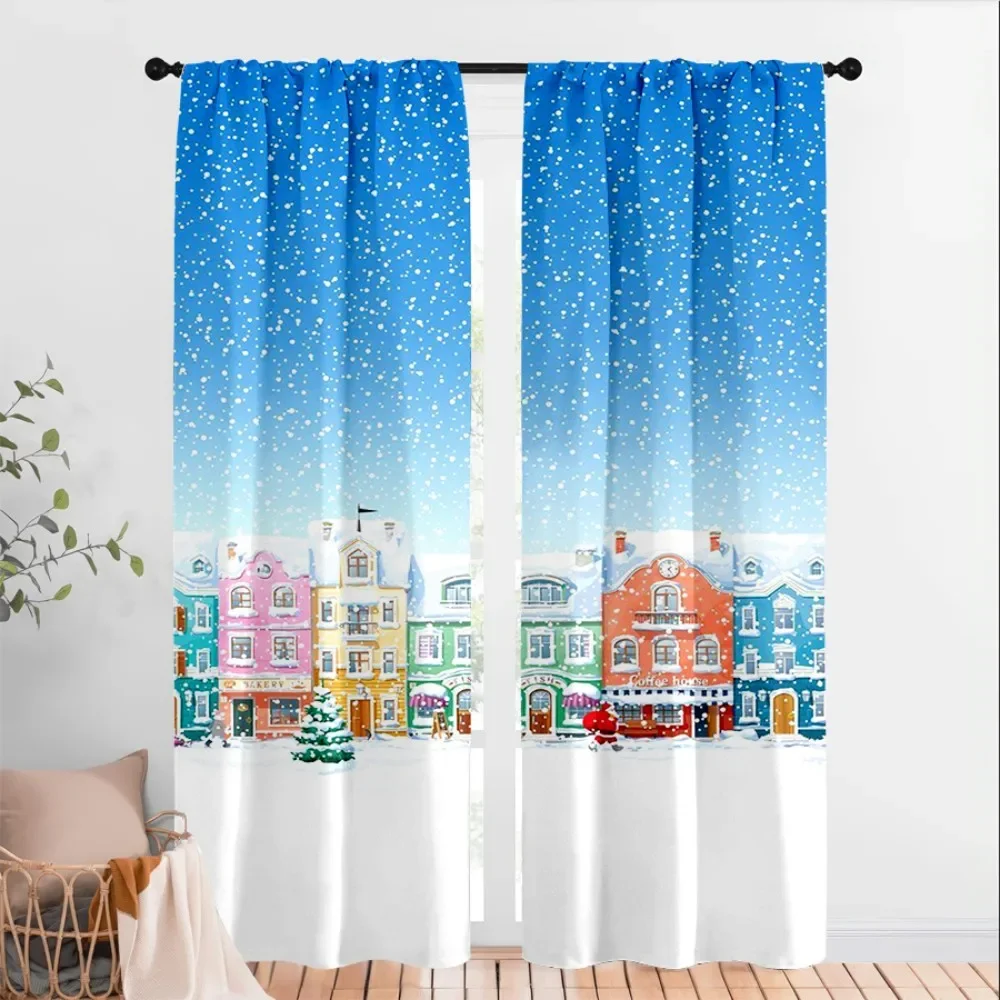 Cute Christmas Village Window Curtain Blue Sky Snowfall Festive Home Decor Curtain Panels
