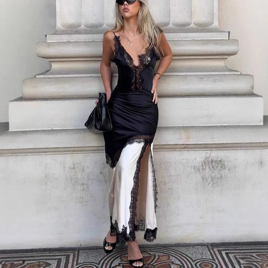 

2025 New Fashion Printed Backless Lace Dress Women Summer Sexy And Elegant Color Matching Asymmetrical Slit Dresses For Women