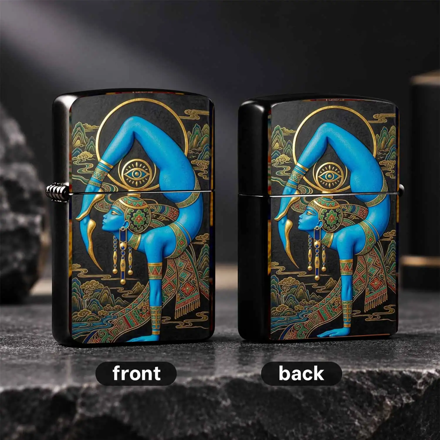 Creative Egyptian Style Blue Yoga Goddess Lighter Embossed Artistic Relief Exotic Mythical Pattern Unique Stylish Accessory Full Scene Suitable For Daily Use Gifting Decorative Piece A Humorous And Interesting Lighter
