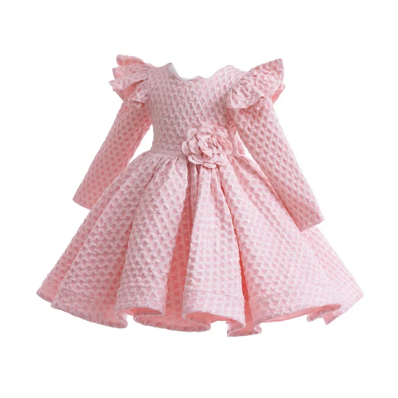 Plaid Baby Girl Dress Ruff Long Sleeve Girls Graduation Party Ball Gown Cotton Kids Festive Dresses for Formal status 1-6 Years
