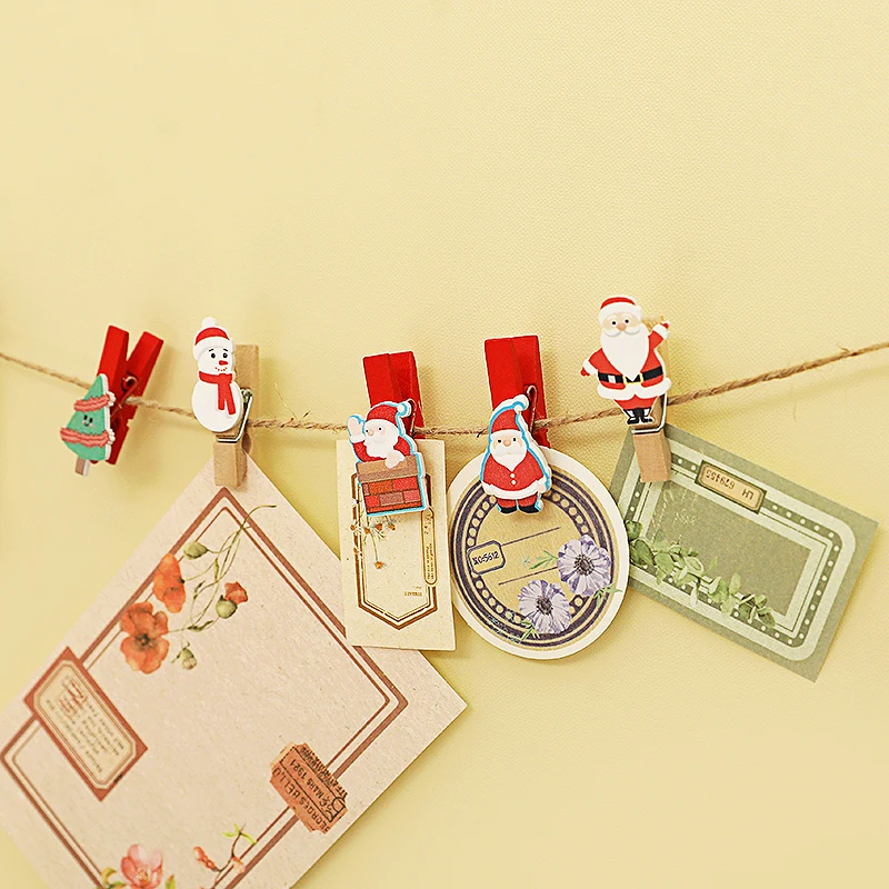 10pcs Christmas Wood Clips Santa Claus Snowflake Xmas Tree Photo Frame Paper Clip Clothespins Gift Bag Clip Christmas Decoration