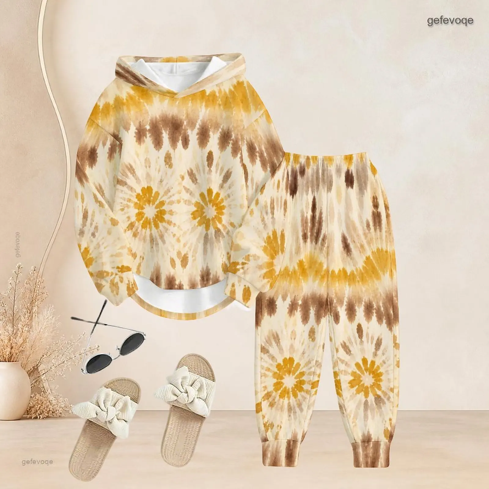 Women Printed Pants Set Long Sleeve Hooded Top Cuffed Pants Two Piece