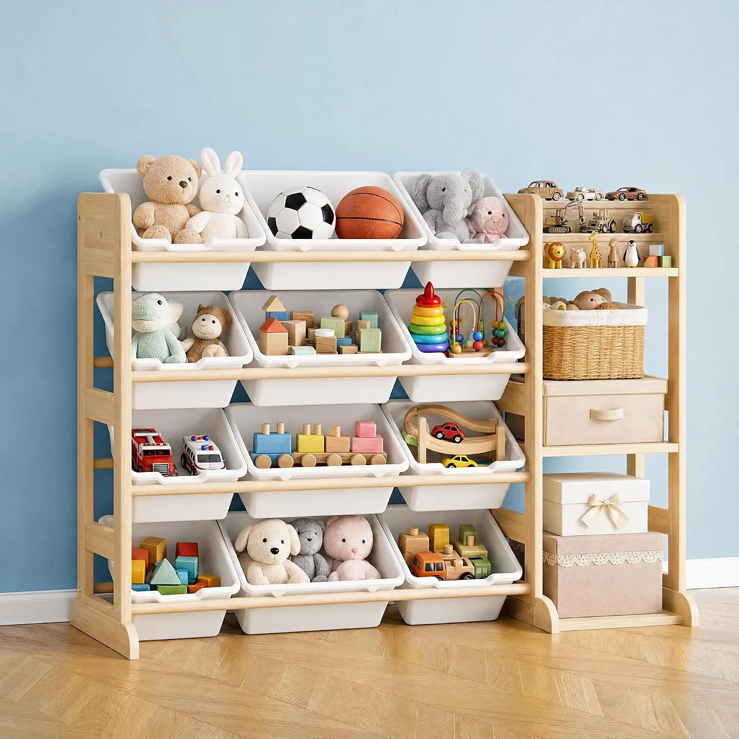 Tacleekii 42" 52" Wide Kids Toy Storage Organizer with 12 Bins & 3 Open Shelves Solid Wood Bookshelf Cabinet Storage Unit for Playroom Bedroom Living Room