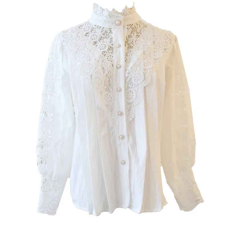 Office Lady Elegant Hollow Out Lace Shirt Women Fashion Long Sleeve Stand Collar Blouses Casual Solid Color Tops