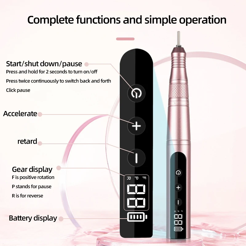 مثقاب أظافر كهربائي لاسلكي، مبرد أظافر محمول لأظافر جل الأكريليك، طقم مثقاب أظافر Efile الاحترافي مع لقم مثقاب الأظافر