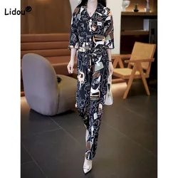 Female Casual Printed Pant Sets 2023 Summer Women's Clothing Button Fashion Korean Lace Up High Waist Trousers Two Piece Set