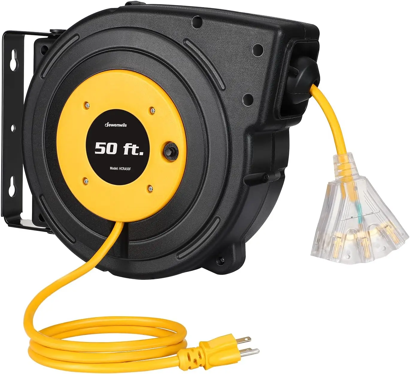 Retractable Extension Cord Reel, 50FT Power Cord Reel with 14AWG/3C SJTOW, 13A Circuit Breaker, 3-Lighted Triple Outlets