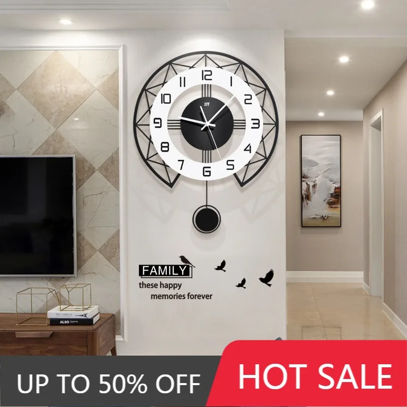 Nordic Fashion Metal Wall Clock Creative Auto Swing Silent Sweep Seconds Quartz Watch Home Living Room Decoration Clock Pendant