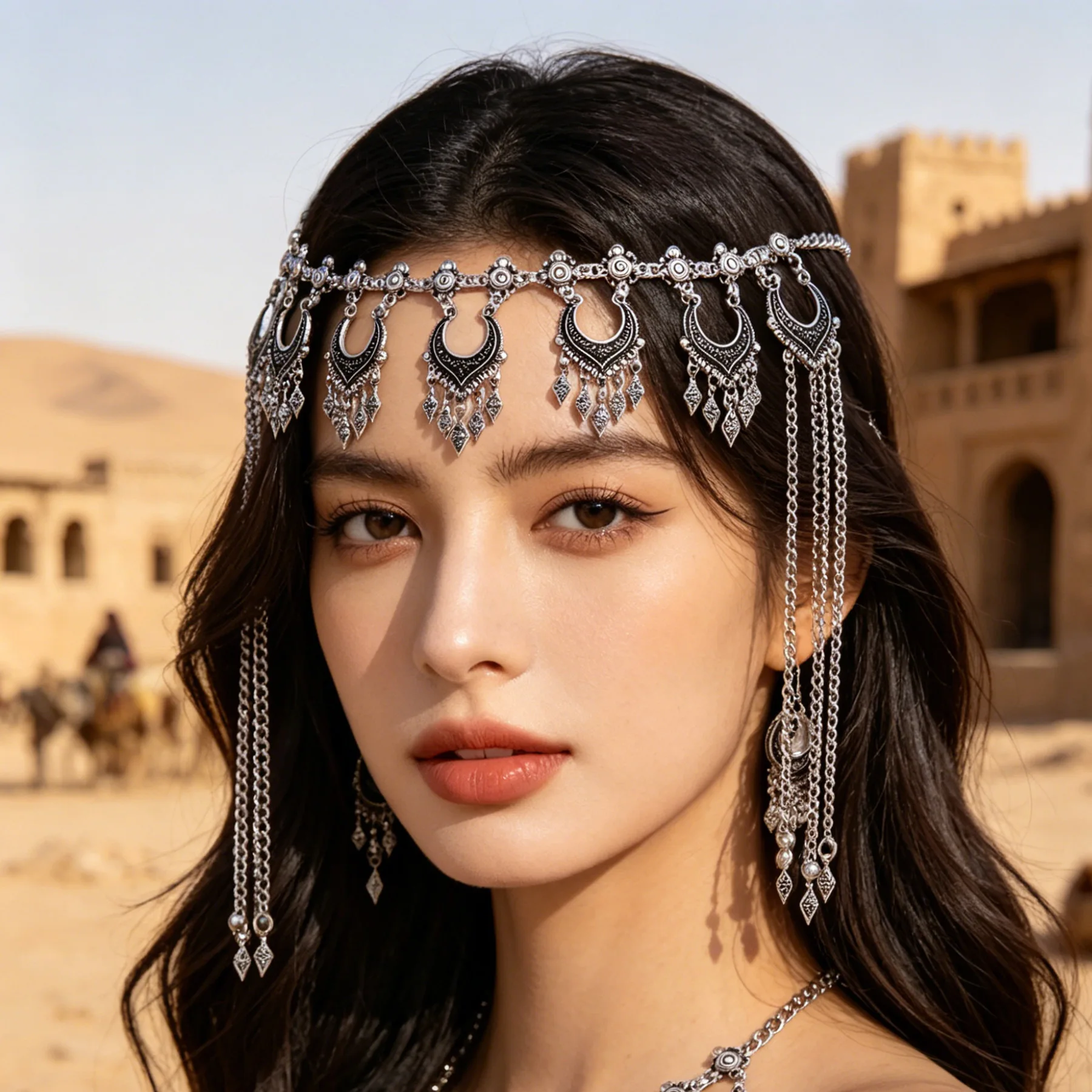 Bohemian Vintage Silver Geometry Pendant Long Chain Tassel Forehead Headpiece For Women Ethnic Style Turkey Kurdish Jewelry