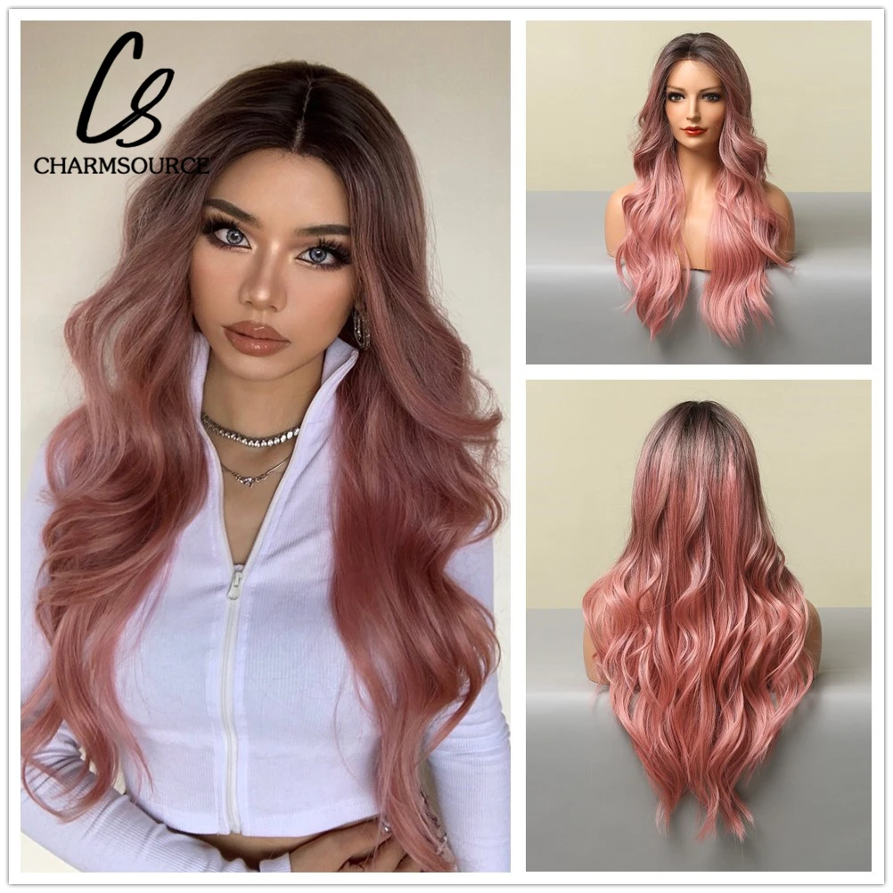 CharmSource Long Natural Wavy Hair Lace Front Wigs Pink Wig Party Cosplay Wig for Women High Density Heat Resistant