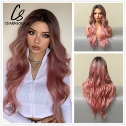 CharmSource-Peluca de cabello largo ondulado Natural para mujer, postizo de encaje frontal, color rosa, fiesta, Cosplay, resistente al calor, alta densidad