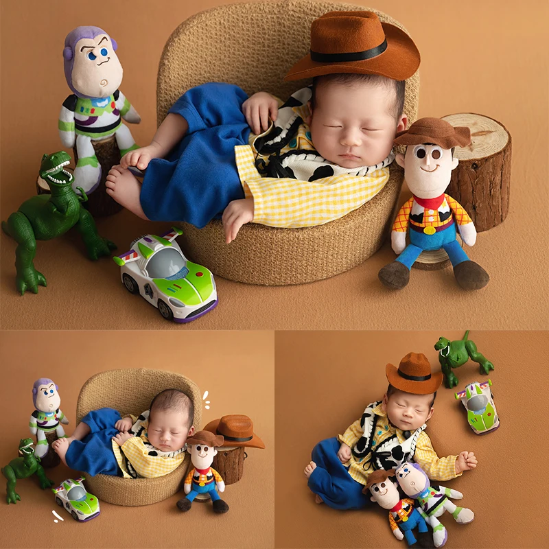 Newborn Photography Clothing Cartoon Baby Shoot Props Cowboy Style Hat + Shirt + Pants Set Cute Doll Dinosaur Toy Studio Photo