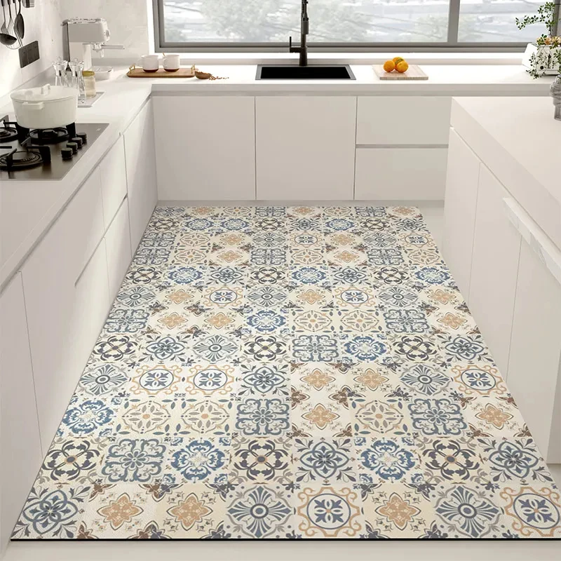 Retro Tile Pattern Floor Mat Kitchen Accessories Large Area Non-slip Carpet Mats Home Decoration Luxury Rug Entrance Doormat