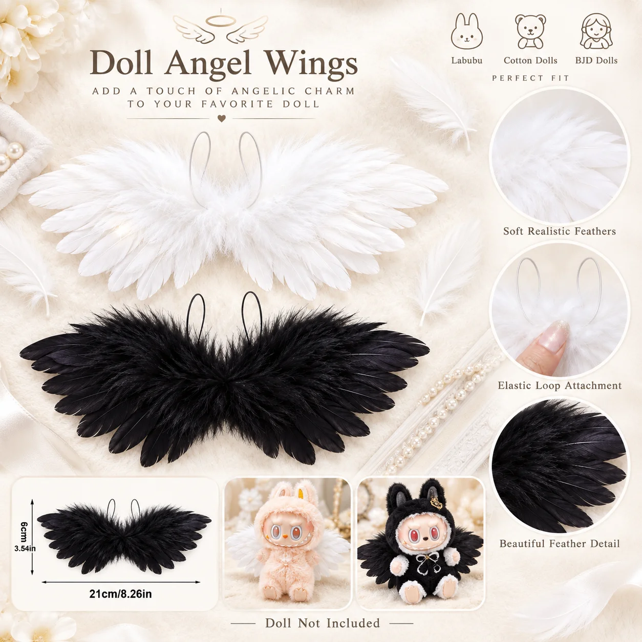 Doll Angel Wings for Labubu 1/6 1/4 1/3 BJD Canvas Cotton Dolls Black White Feather Wing Accessories for Cute DIY Doll Styling