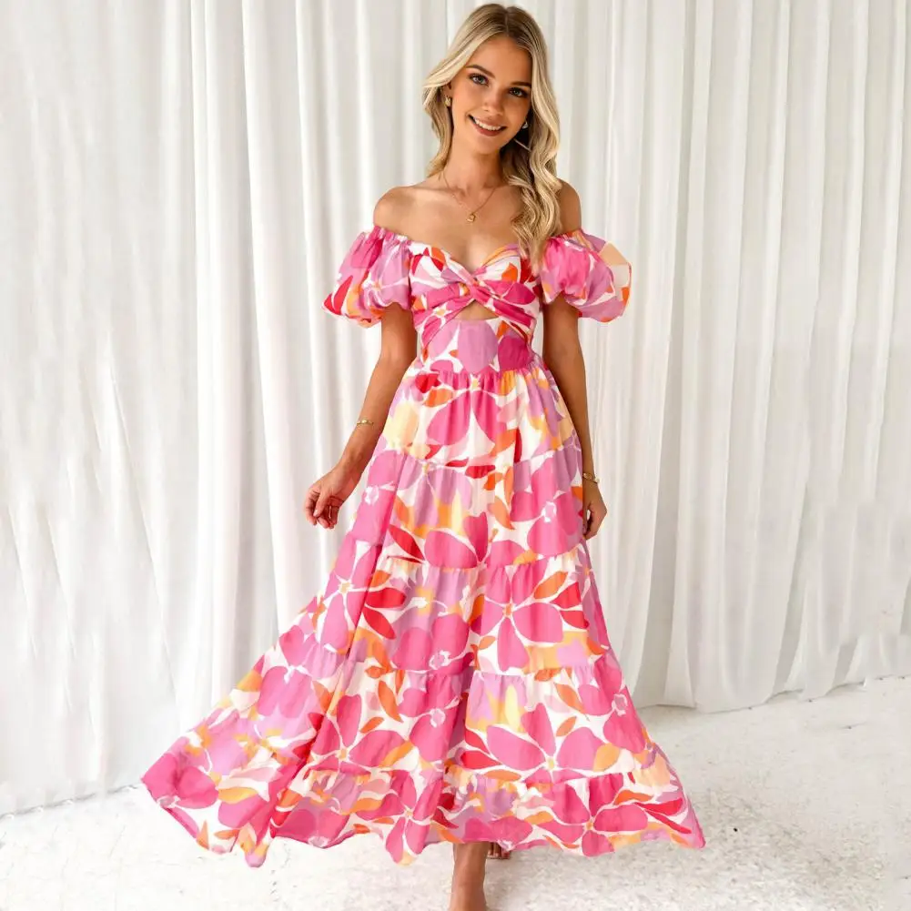 

Women Dress Bubble Sleeves Low-cut Summer Dresses A-line Big Hem Patchwork Hollow Out Pleated Vacation Beach Maxi Dress