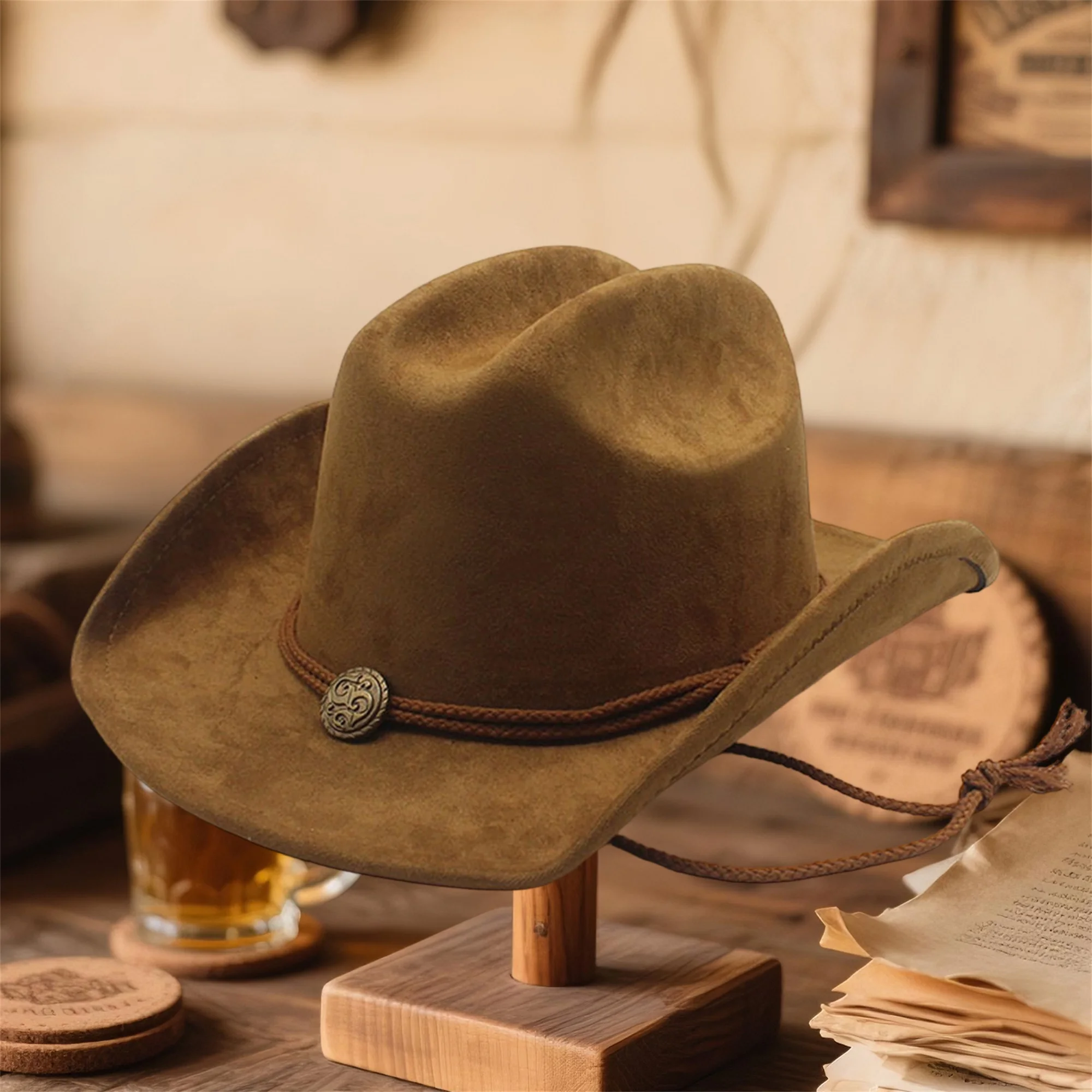 قبعة راعية البقر اللباد للنساء والرجال قبعة غربية عصرية ذات حافة مقلوبة مع حزام قبعة جاز لنادي الحفلات اليومية