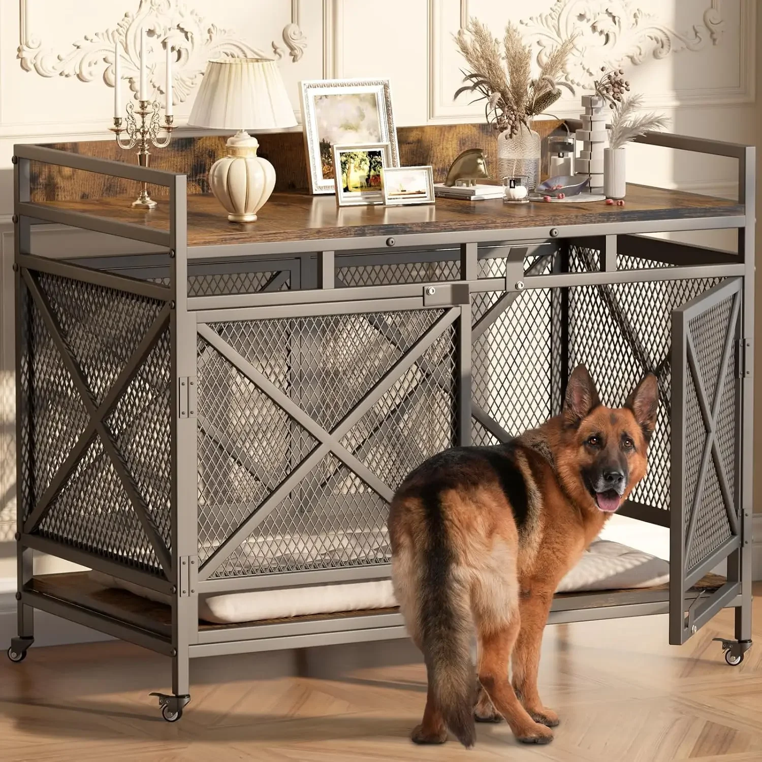 Large Dog Crate Furniture, 48 Inch Wooden Dog Kennel , Heavy Duty  with Adjustable Feet & 360° Wheels,Vintage Brown