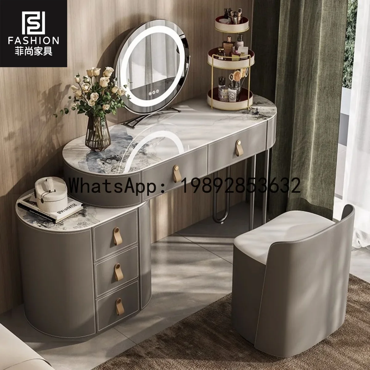 Solid Wood High-End Vanity Table with Storage, Integrated Bedroom Wabi-Sabi Style, Extendable Corner Makeup Table