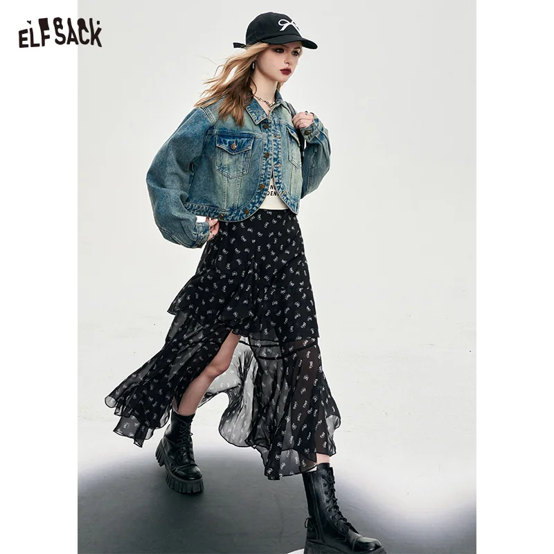 ELFSACK versatile high rise slit floral printing dress for women 2024 spring thin new mid long length A pendulum irregular skirt