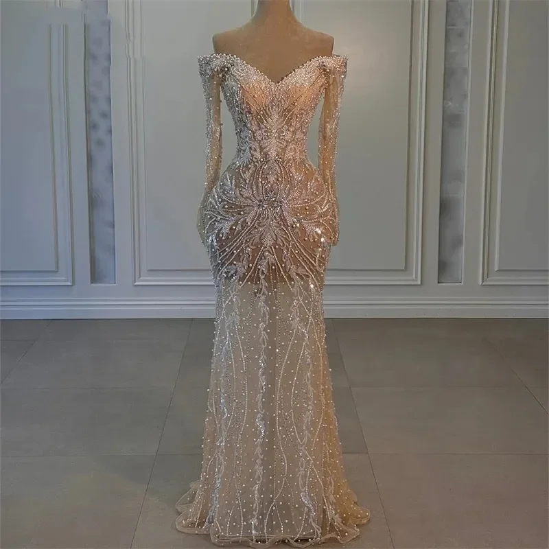 럭셔리 진주 웨딩 드레스 우아한 긴 소매 스팽글 레이스 인어 신부 가운 오프 어깨 구슬 신부 드레스 맞춤형