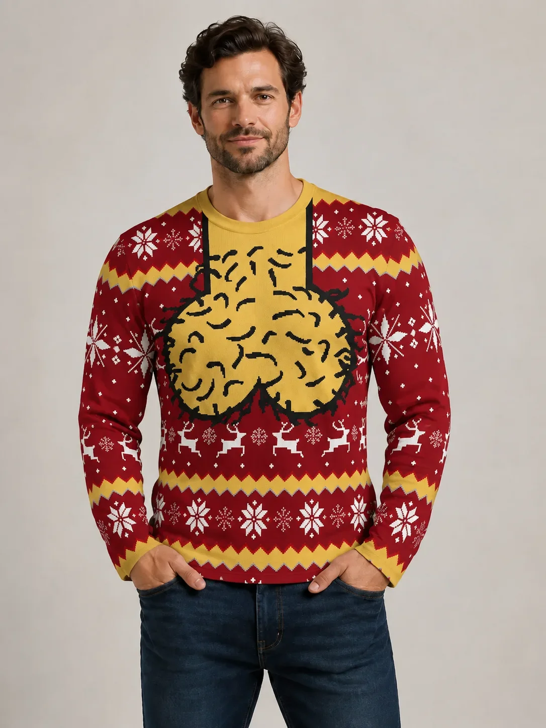 Men Ugly Christmas  Funny Graphic Crew Neck Long Sleeve Retro Fair Isle Snowflake Reindeer Pattern Holiday Party Pullover