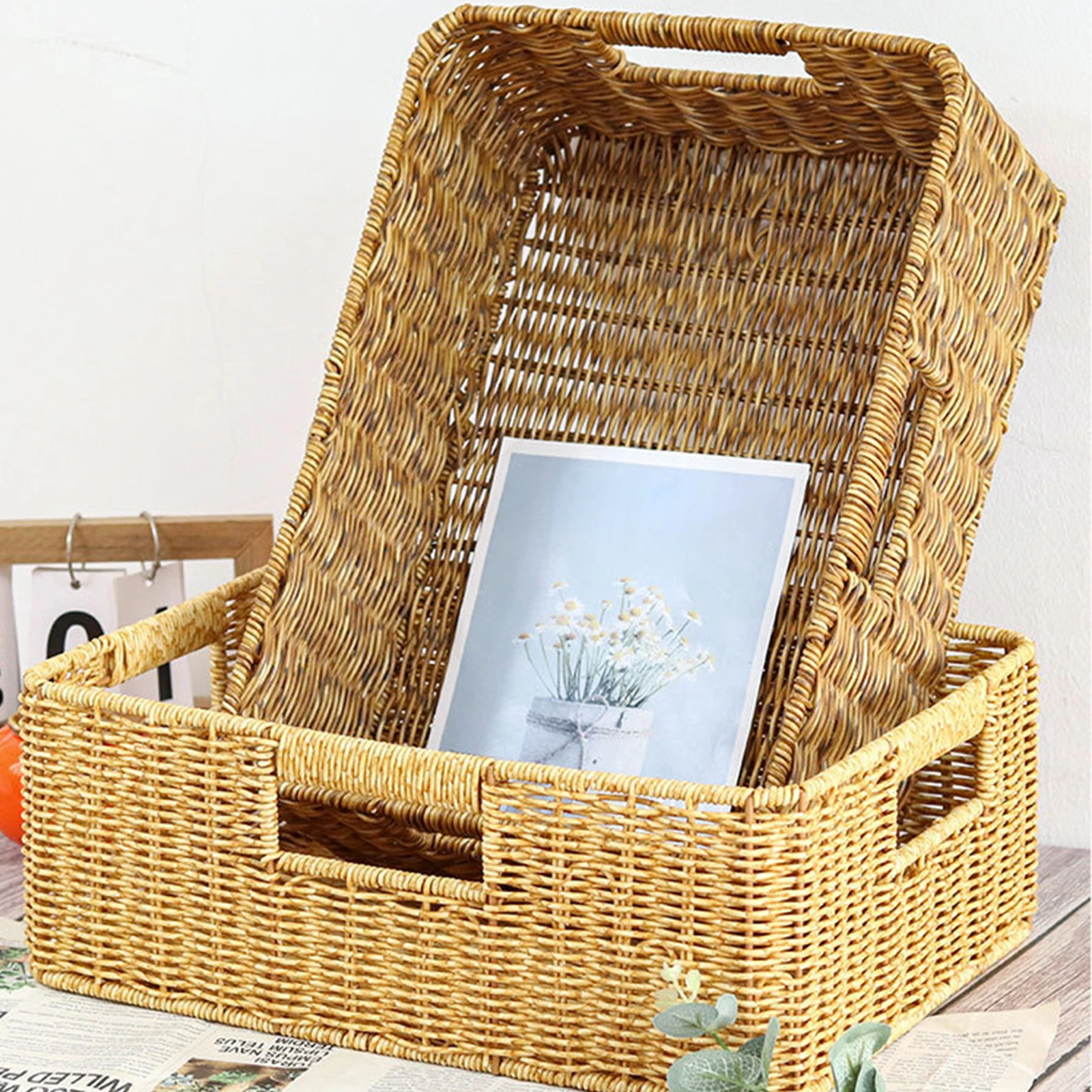 Imitation Rattan Storage Basket Storage Basket Bin Organizer Woven Baskets for Bedroom Kitchen Home Bathroom Coffee Table