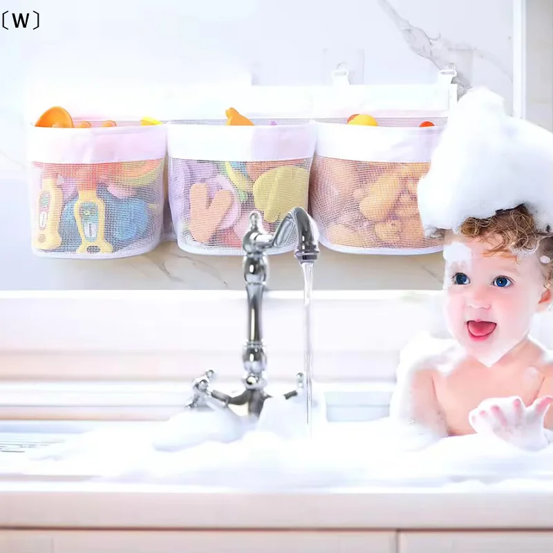 〔W〕Large Bath Toy Storage Organizer 5 Suction Hooks Mesh Net Baby With 3 Compartment