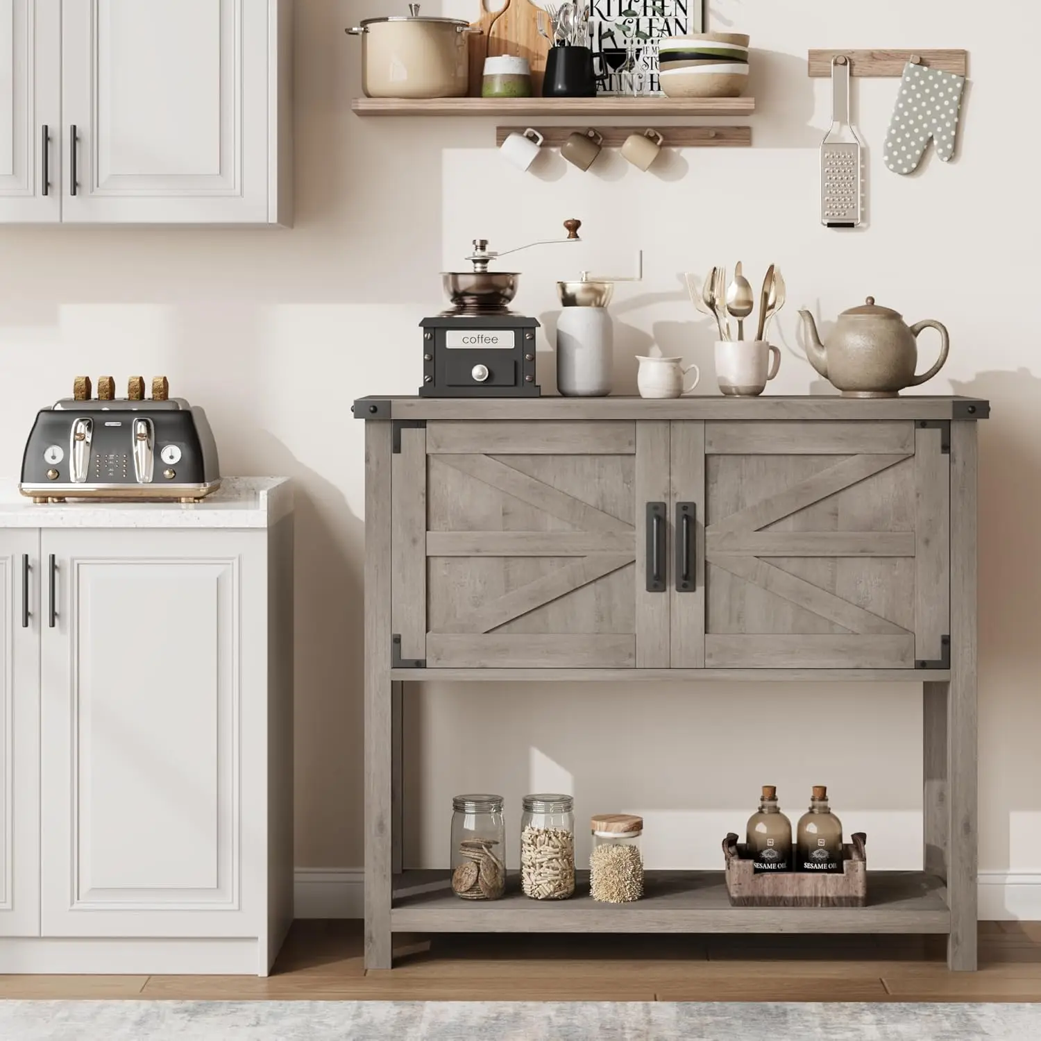 

Farmhouse Entryway Table with 2-Door Cabinet Wood Console Table with Storage Coffee Bar Cabinet, Sofa Tables Buffet Sideboard