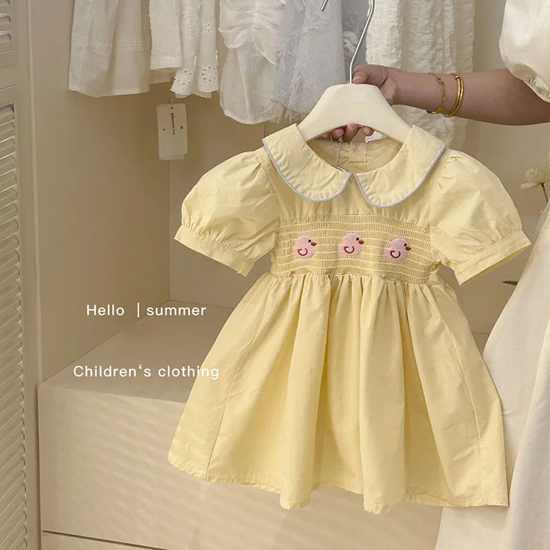 Girls' Dress Summer New Korean Girls' Baby Duckling Embroidered Cotton Fabric Cute Elastic Chest Doll Neck Short Sleeved Dress