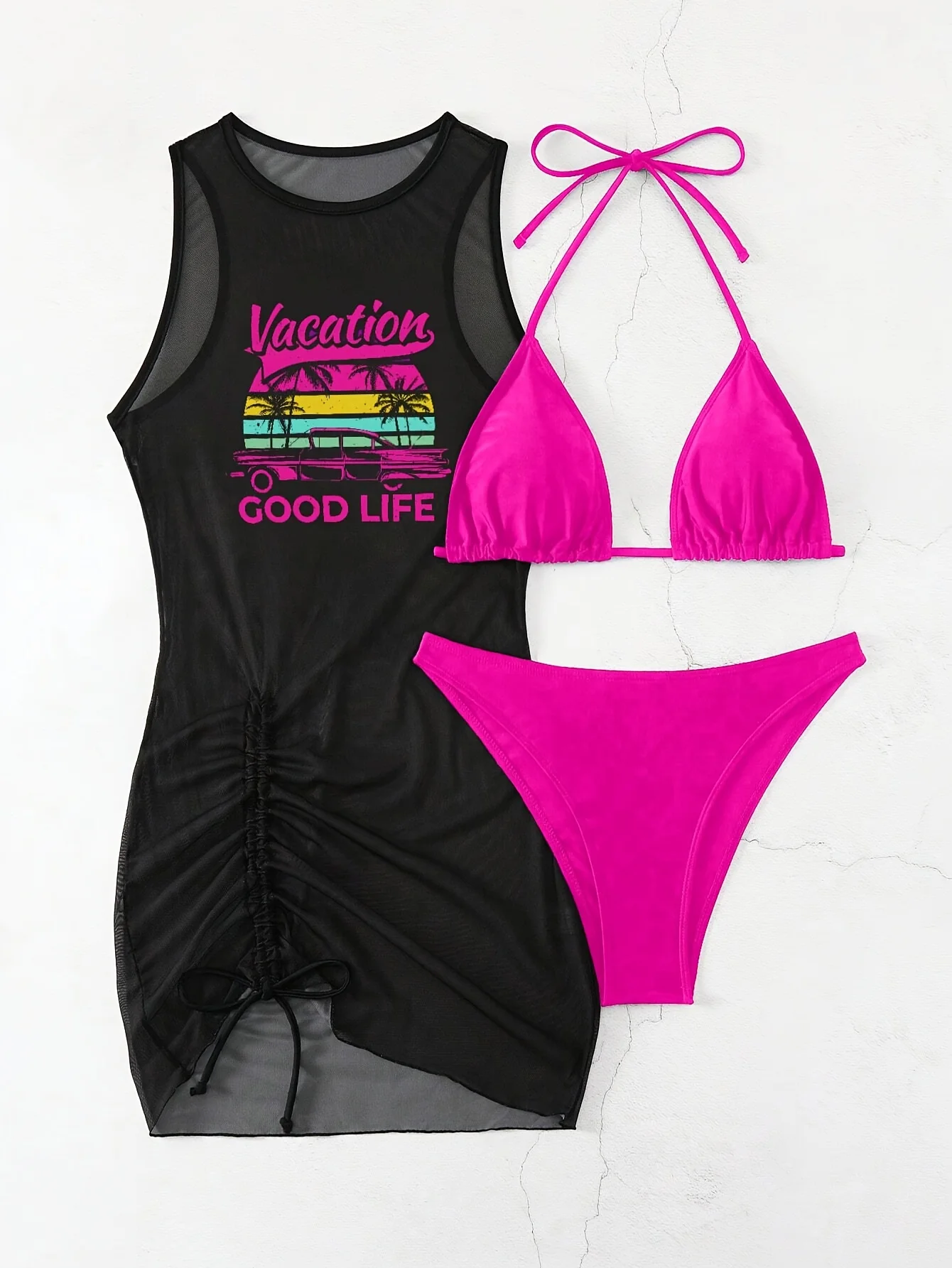 ชุดว่ายน้ำแยกชิ้นผ้าตาข่ายสีดำพิมพ์ลายแฟชั่นเซ็กซี่สำหรับผู้หญิงปี 2026 พร้อมลายกราฟิก “Vacation Good Life” และผ้าคลุมรัดรูป