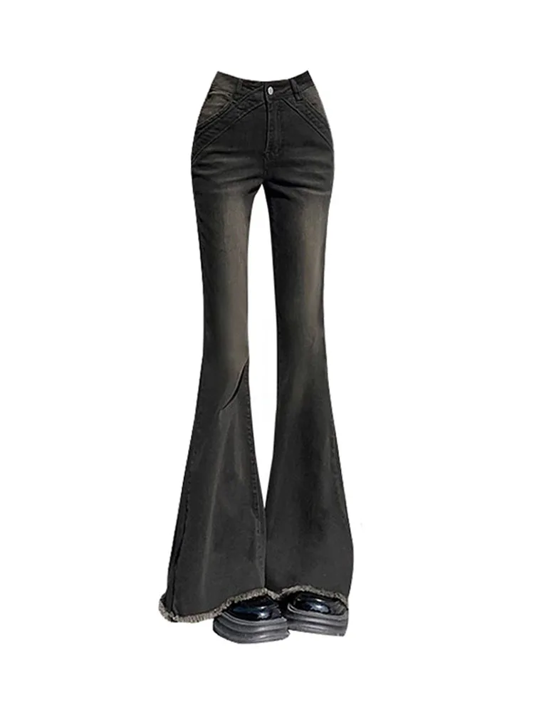 American Retro Bell Bottoms Low Waist Slim Women Fashion Black E-Girl Denim Pant Hiphop High Street Flare Jeans Y2K Streetwear