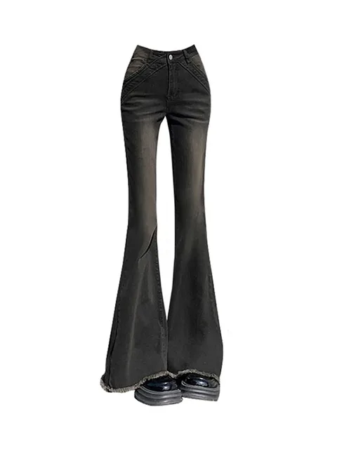 American Retro Bell Bottoms Low Waist Slim Women Fashion Black E-Girl Denim Pant Hiphop High Street Flare Jeans Y2K Streetwear