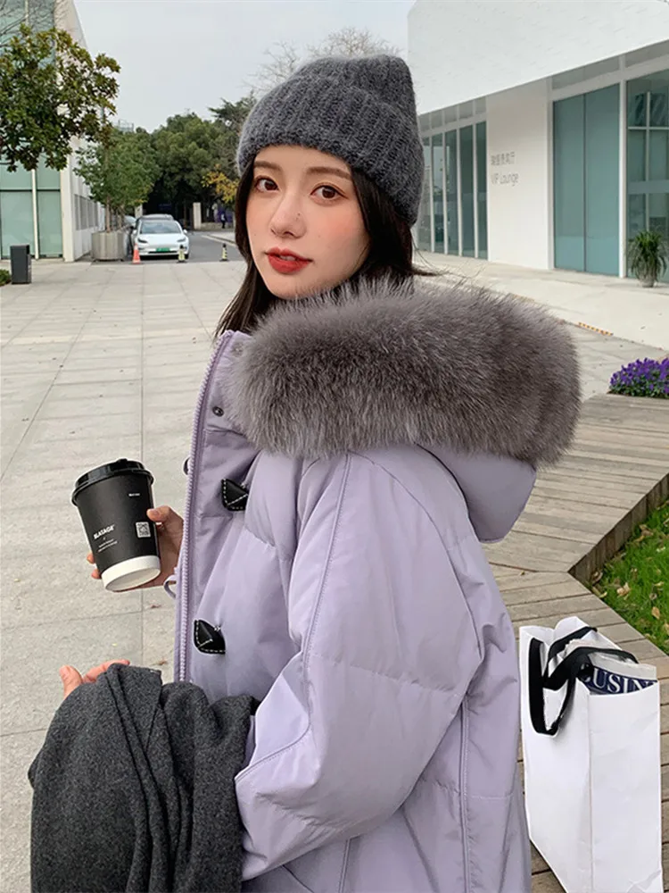 

MENINA BONITA 2022 Winter Women Loose Natural Fox Fur Collar Hooded Coat White Duck Down Casual Solid Thick Simple Streetwear