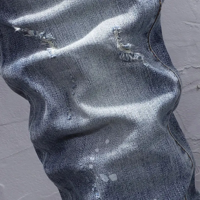 High Street Fashion Designer Men Jeans Retro Light Blue Stretch Slim Fit Ripped Jeans Men Y2K Hip Hop Vintage Denim Pants Hombre