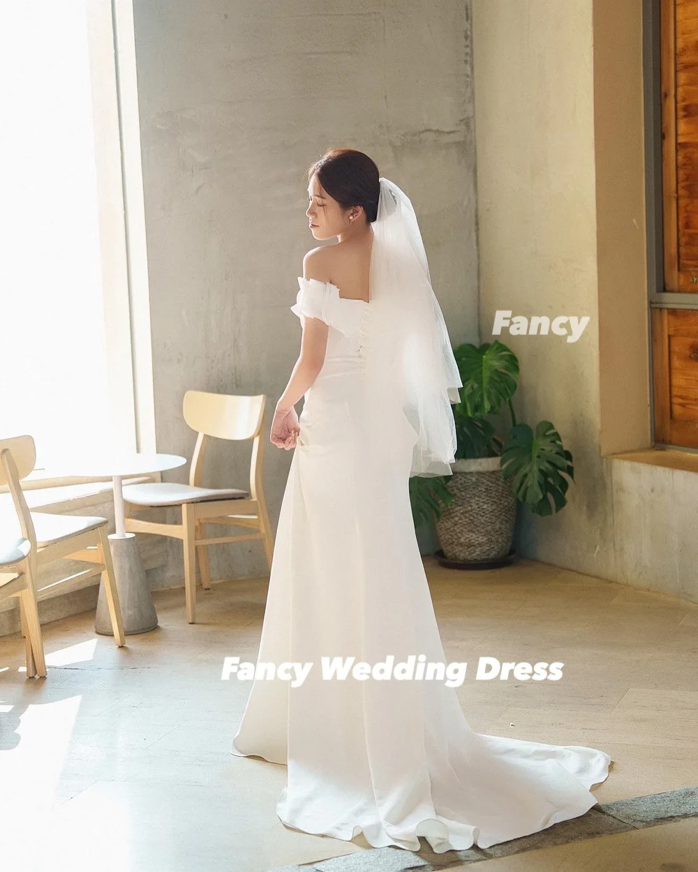 يتوهم كوريا الأميرة قبالة الكتف فستان الزفاف ألف خط مطاطا الساتان ثوب الزفاف الخلفي مشد ذيل طويل مخصص ستنسينغدريس #3