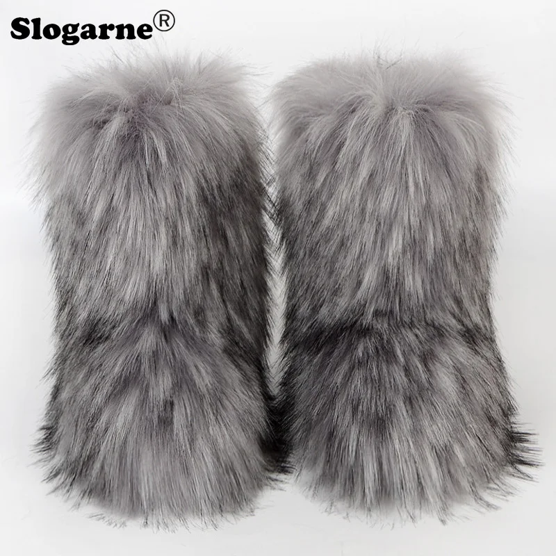 Women Winter Faux Raccoon Fur Snow Boots Woman Plush Warm Furry Boots Luxury Footwear Girls Fashion Colorful Fluffy Shoes Bottes