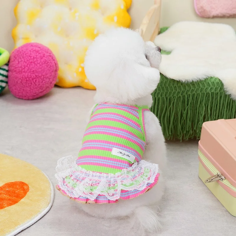 Welpen-Sommerkleidung, Haustier-Outfit, Spitze, gestreift, Hundekleid, Katzenweste, Chihuahua, Bichon, Yorkie, Hosenträgerrock, niedliches Hunde-T-Shirt – Detail 12