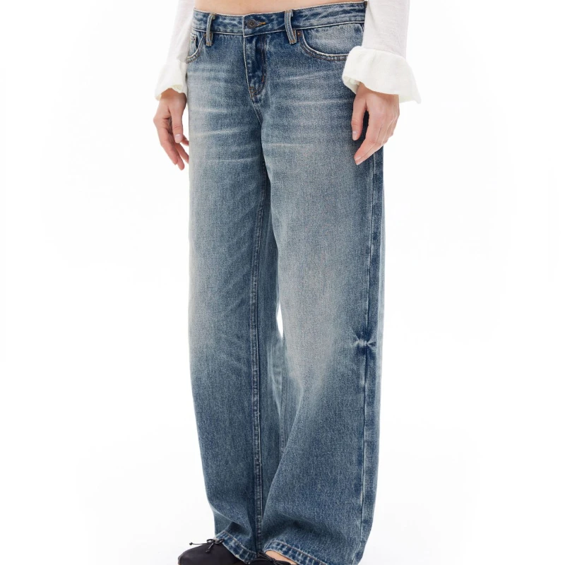

2023 Summer New Product Retro Dark Blue Low Waist Straight Non-elastic Long Jeans for Women