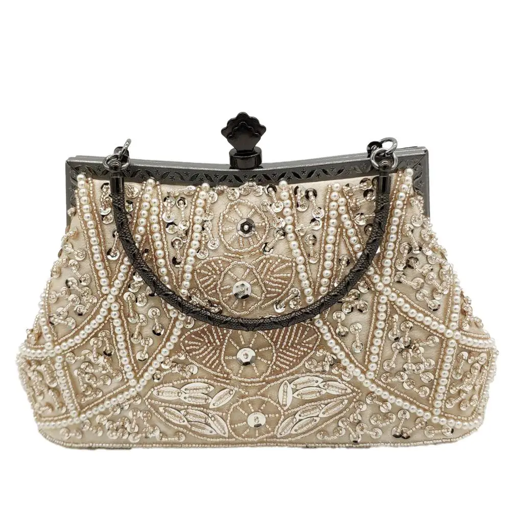 Boutique De FGG Vintage Women Champagne Beaded Evening Purses Wedding Handbags Ladies Cocktail Party Beading Clutch Bags