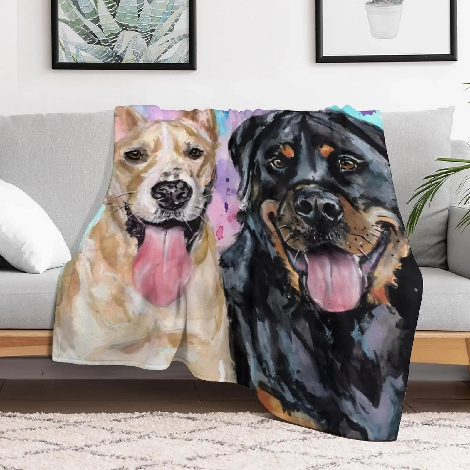 Watercolour Staffy Cross and Rottweiler Throw Blanket Warm Napping Blanket for Office Couch Bed