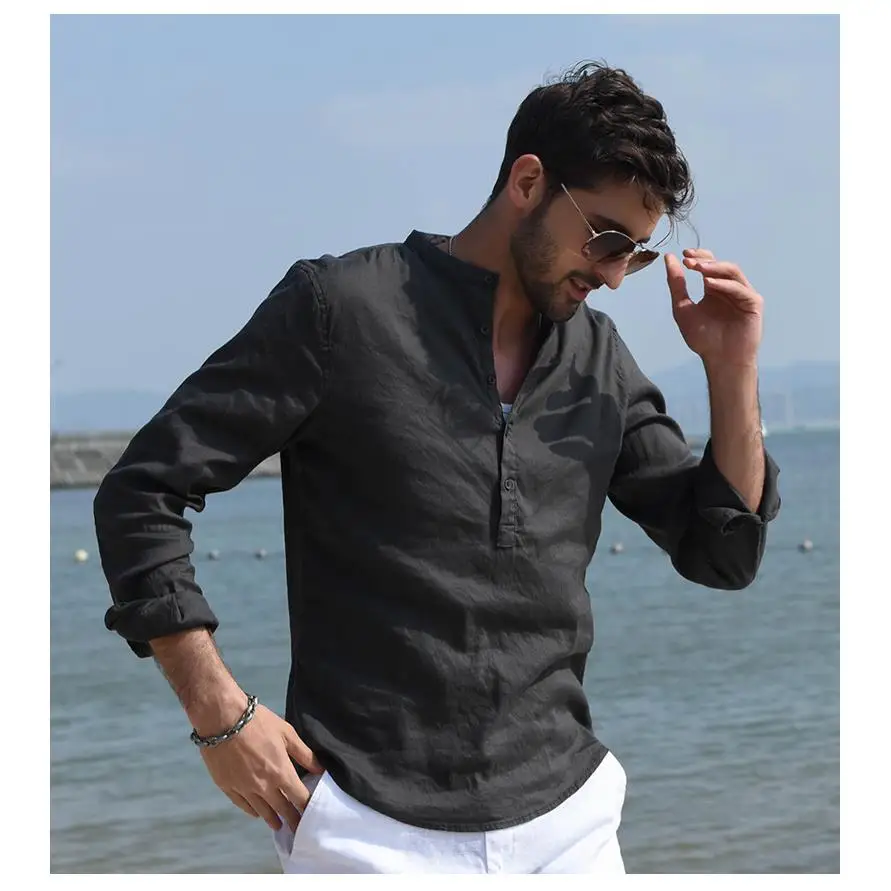

Cotton Linen Collar Long Sleeve Men's Shirt Street Style Casual Comfortable Breathable Plain Color Fashion Inner Wear