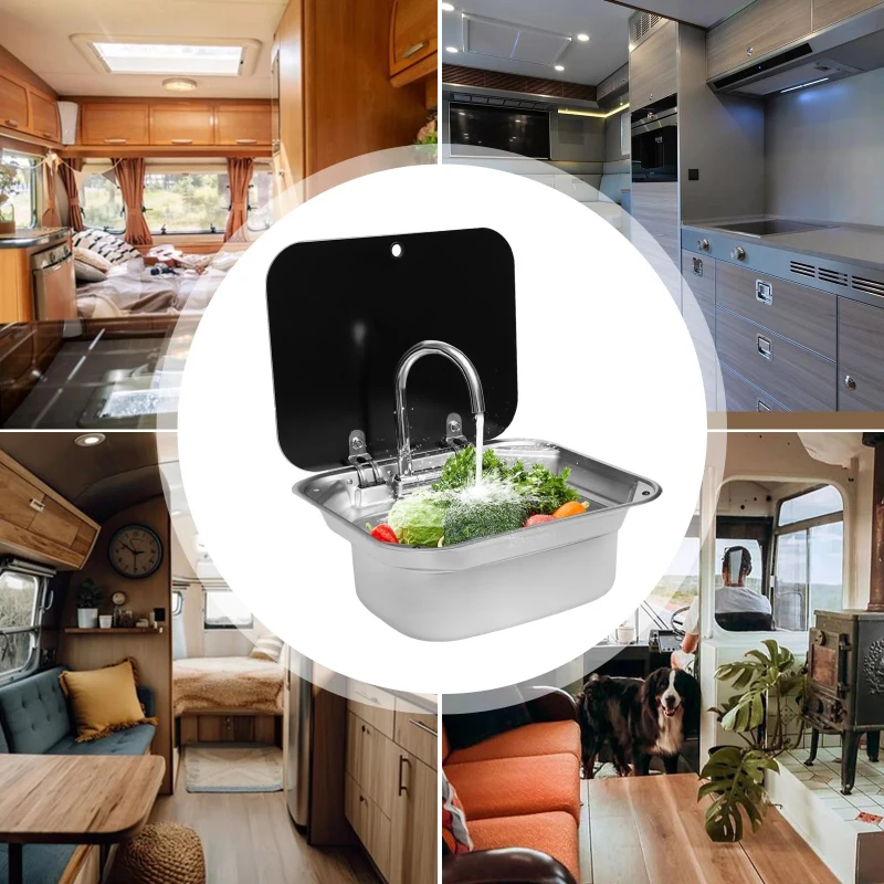 RV Caravan or Boat Stainless Steel Hand Wash Basin Sink with Folded Faucet Tempered Glass Lid Van Camper Trailer Accessories