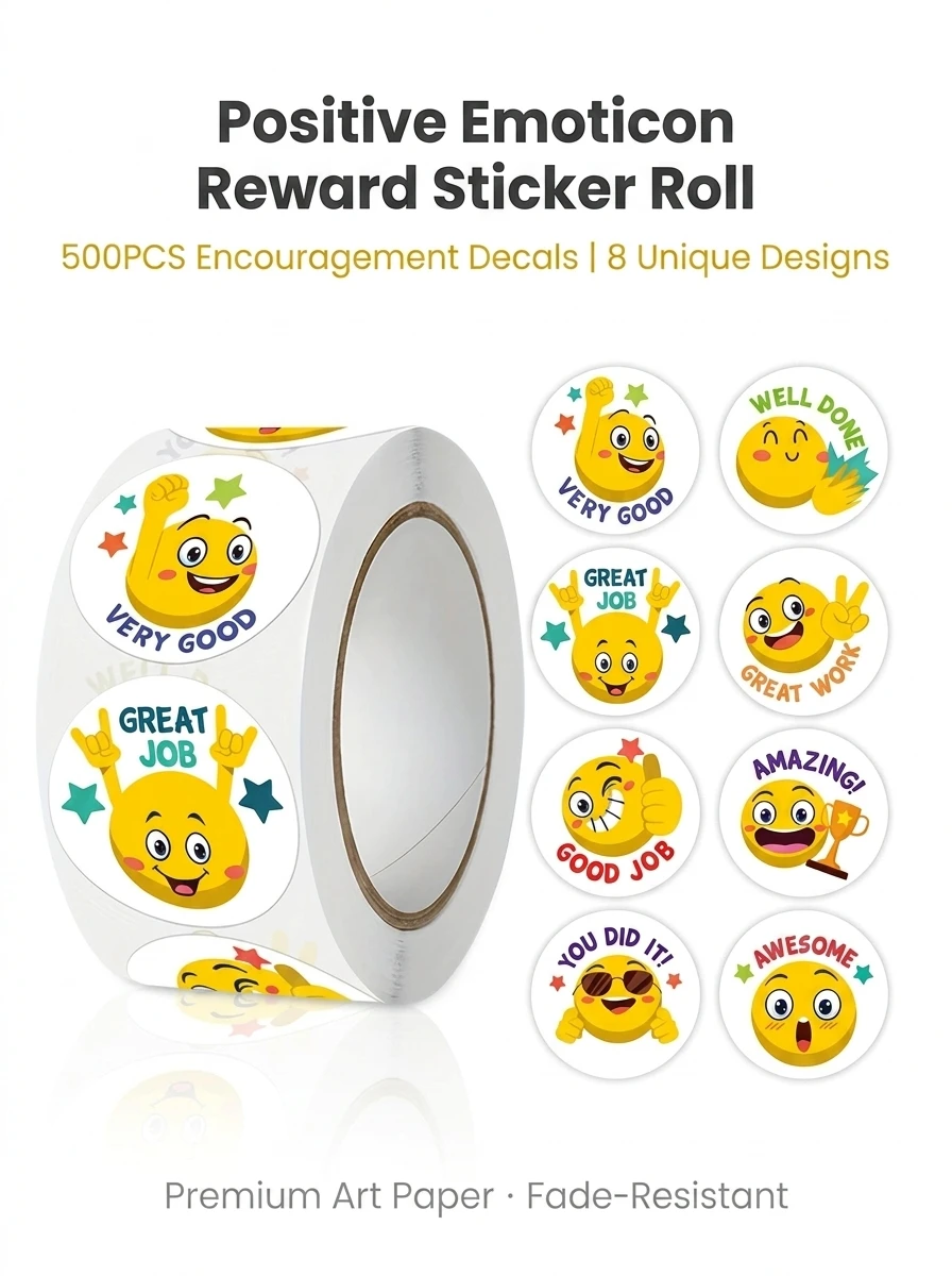 500 sztuk/rolka Cartoon zabawny uśmiech wyraz twarzy naklejki z nagrodami 8 wzorów 2,5 cm/1,0 cala okrągłe na podkładkę PC lodówka prezent Diy Decor