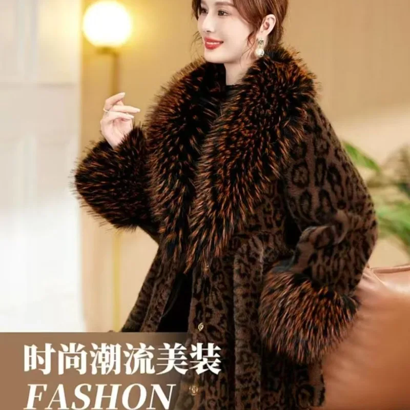 2026 Women New Medium Autumn Winter Fur Leopard Print Thickened Coat Female Fur Collar Temperament Integrated Fashion Coat 003