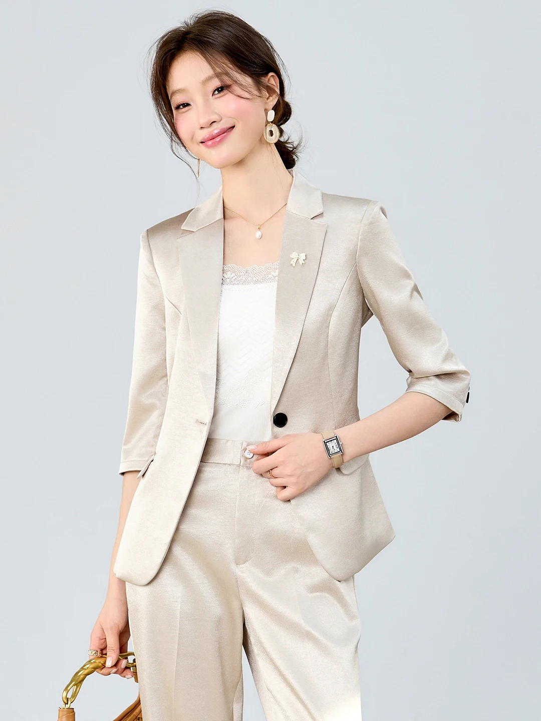Women's Casual Business Suit Jacket Seven-Quarter Sleeve High-End Feeling Spring Commute Style Polyester Fiber Breathable