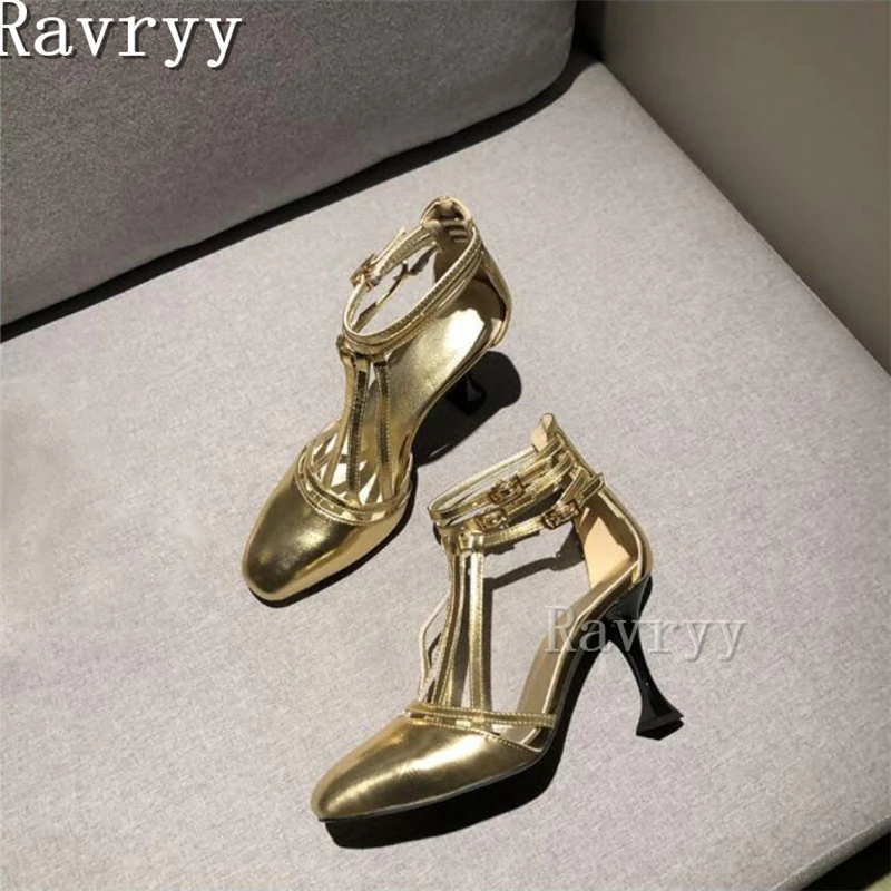 

Golden Roman High Heels Shoes Female Round Toe Ankle Strap Back Zipper Women's Sandals Spring Summer Fashion Party Runway Pumps