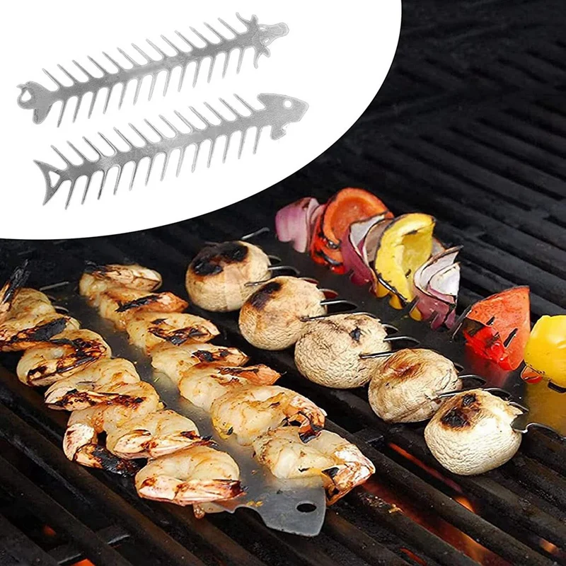 Espetos De Camarão De Aço Inoxidável, Ferramentas De Prata, Acessório BBQ, 2Pcs