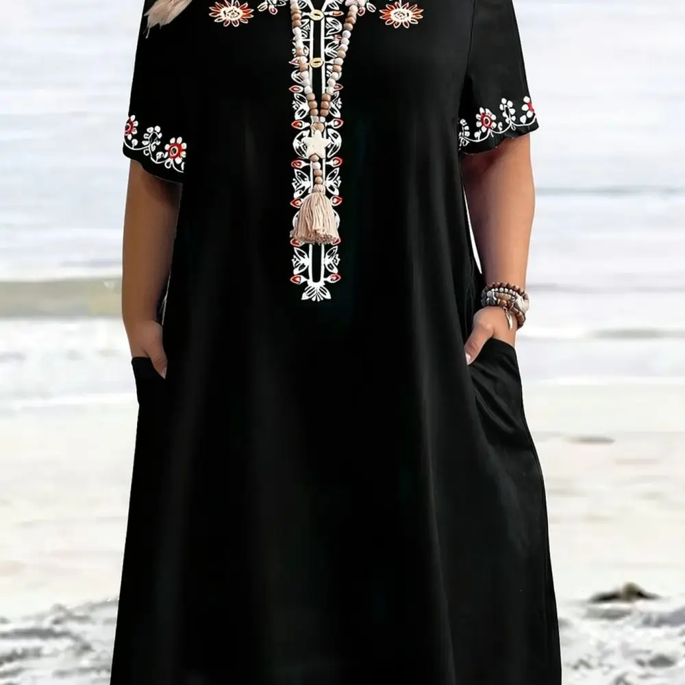 Casual Ethnic Print Summer Midi Dress Women Loose Round Neck Short Sleeve Plus Size Comfortable Pocket Design Apparel
